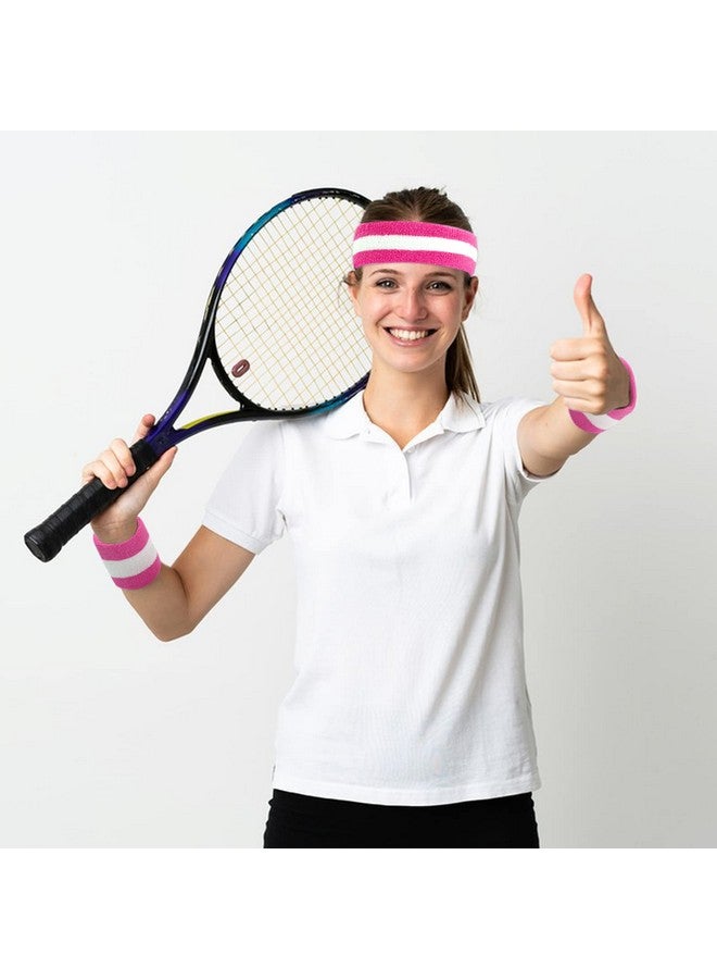 OnUpgo Sweatband Set Sports Headband Wristband Set Sweatbands Terry Cloth Wristband Wrist Sweatband Headbands Moisture Wicking Sweat Absorbing Head Band (Pink/White/Pink)  - Image 5