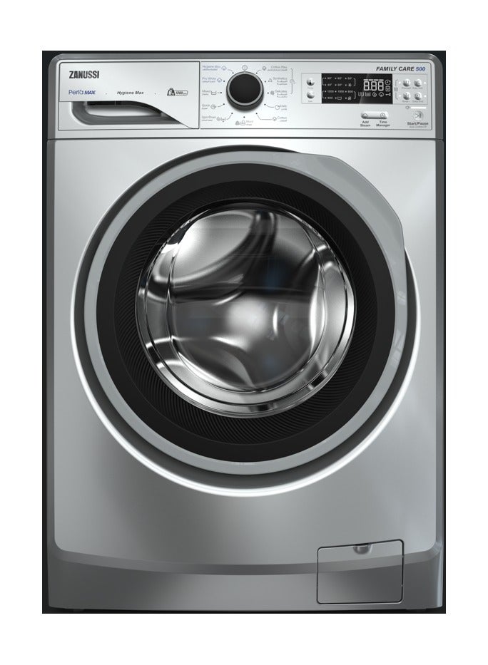 زانوسي غسالة زانوسي PERLAMAX اتوماتك 6 كيلو تحميل امامى افضي باب اسود بإطار رمادي برو وايت استيم