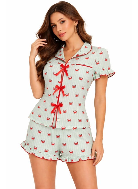 Women's two-piece pajama set with a collar and bows on the front