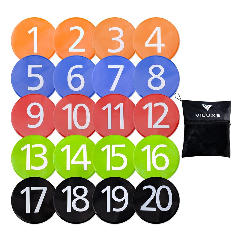 ViLuxe VILUXE Speed & Agility Training Large Pro Flat Disc Markers Numbered [Set of 20] Multi-Colours with Non-Slip PVC Grip | Diameter: 20cm | Carry Bag | Sports Equipment for Football, Boxing & Badminton - Image 1