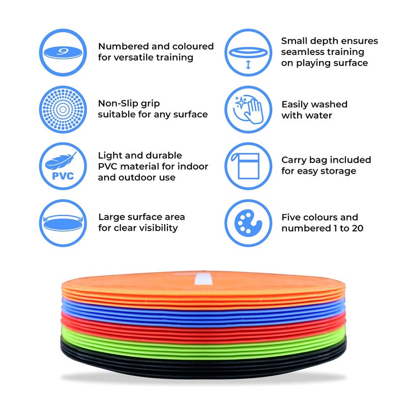 ViLuxe VILUXE Speed & Agility Training Large Pro Flat Disc Markers Numbered [Set of 20] Multi-Colours with Non-Slip PVC Grip | Diameter: 20cm | Carry Bag | Sports Equipment for Football, Boxing & Badminton - Image 2