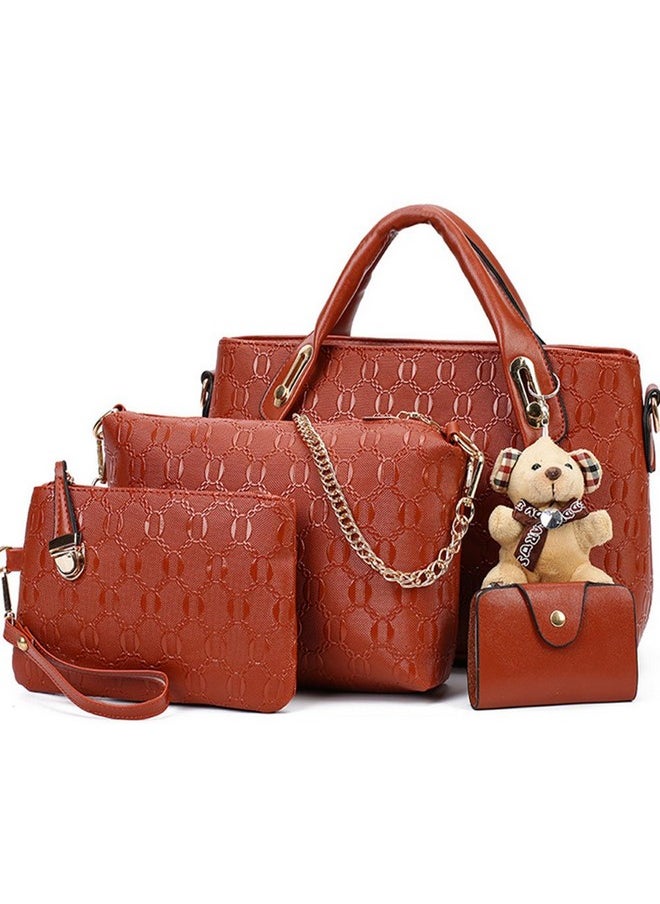 FiveloveTwo - Women 4 Pcs Top Handle Satchel Hobo Handbag Set Large Tote +Purse +Shoulder Bag+Card Holder Brown - Image 1