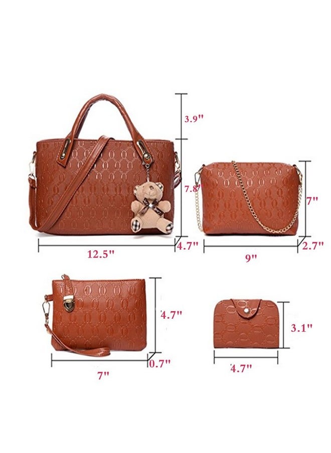 FiveloveTwo - Women 4 Pcs Top Handle Satchel Hobo Handbag Set Large Tote +Purse +Shoulder Bag+Card Holder Brown - Image 1