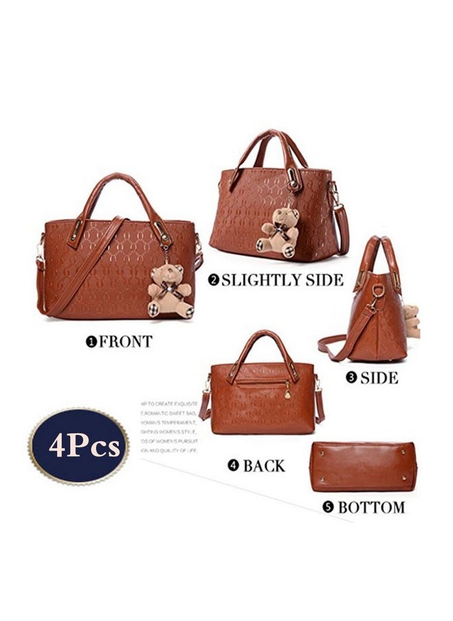 FiveloveTwo - Women 4 Pcs Top Handle Satchel Hobo Handbag Set Large Tote +Purse +Shoulder Bag+Card Holder Brown - Image 1