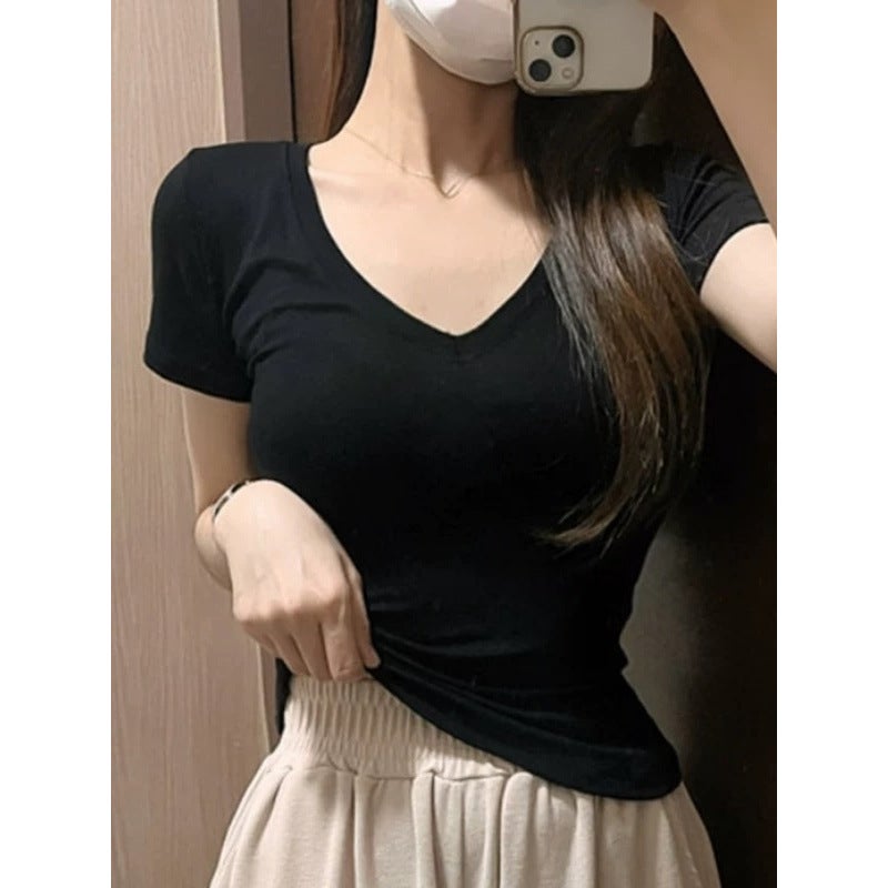 South Korea Dongdaemun Simple All-Match Pure Desire V-Neck Micro-Transparent Figure Short-Sleeved Solid Color T-Shirt Top - Image 3