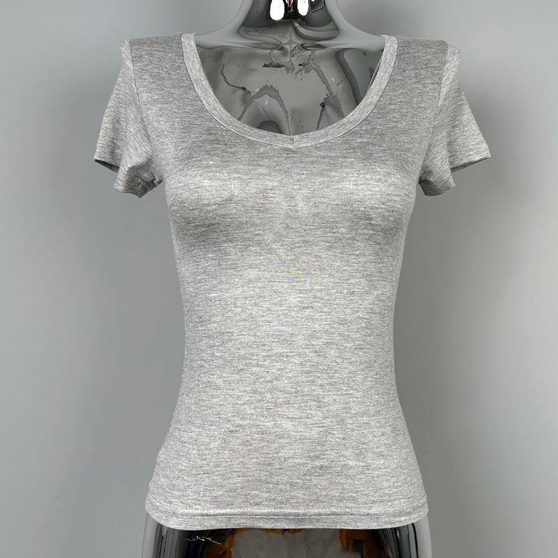 South Korea Dongdaemun Simple All-Match Pure Desire V-Neck Micro-Transparent Figure Short-Sleeved Solid Color T-Shirt Top - Image 1