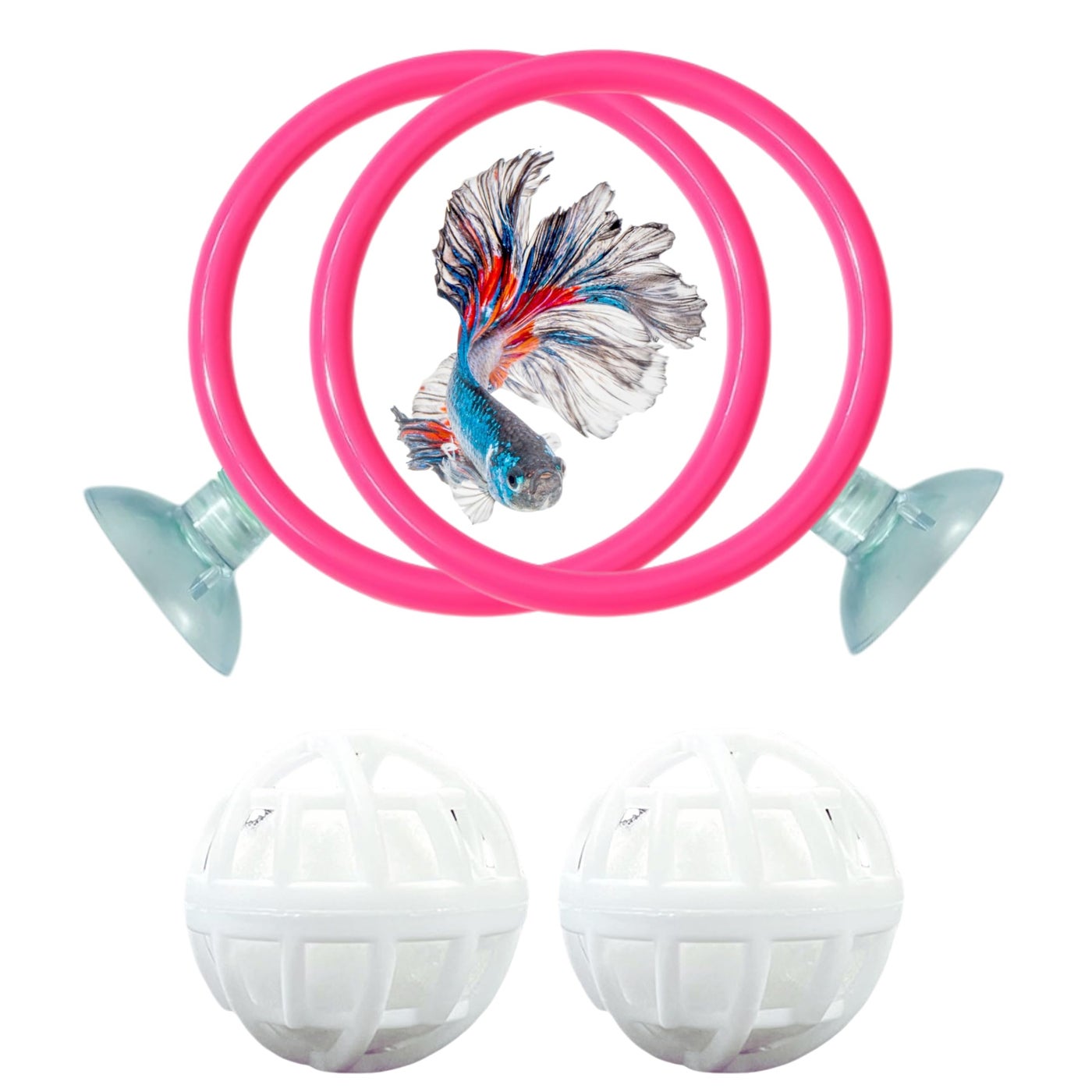 Betta Ring Enrichment Toys with Filter Ball set, Turtle Water Cleaner Ball, Aquarium Feeding Ring with Nitrifying Balls, Betta Fish Toy, Aquatic Turtle Enrichment Toy, Tortoise Supplies (Pink, M-70mm)