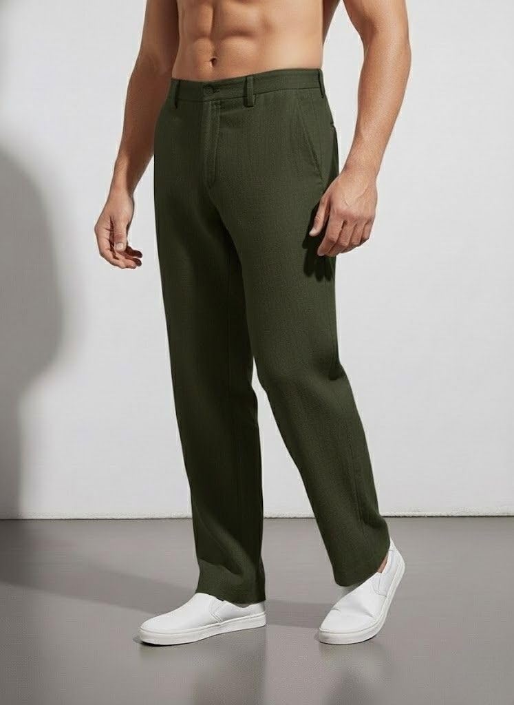 SMOWKLY Casual Trousers for Men |Men’s Regular Fit Straight Pants |Comfortable Stylish Trousers for Men |Soft Fabric Chinos for Everyday Wear, Travel & Office |Linen Cotton Bottom Wear(1692_OLV_30) - Image 3