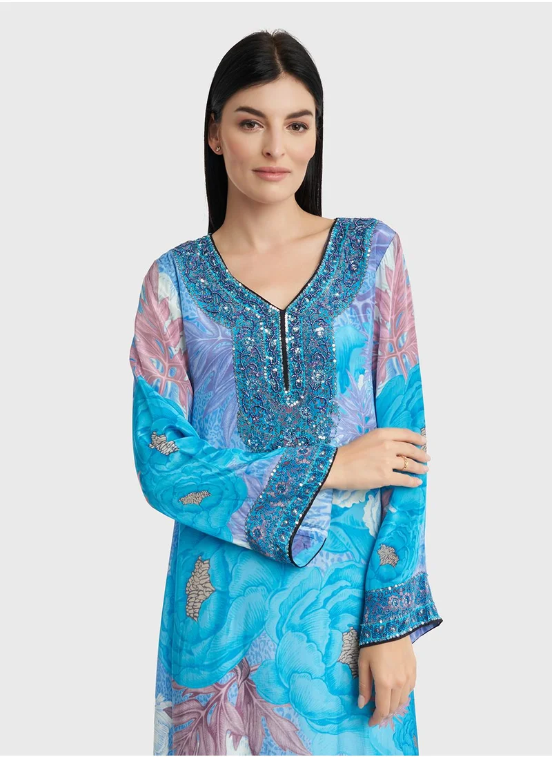 كشخة Viscose Floral Printed Sequins Work Jalabiya