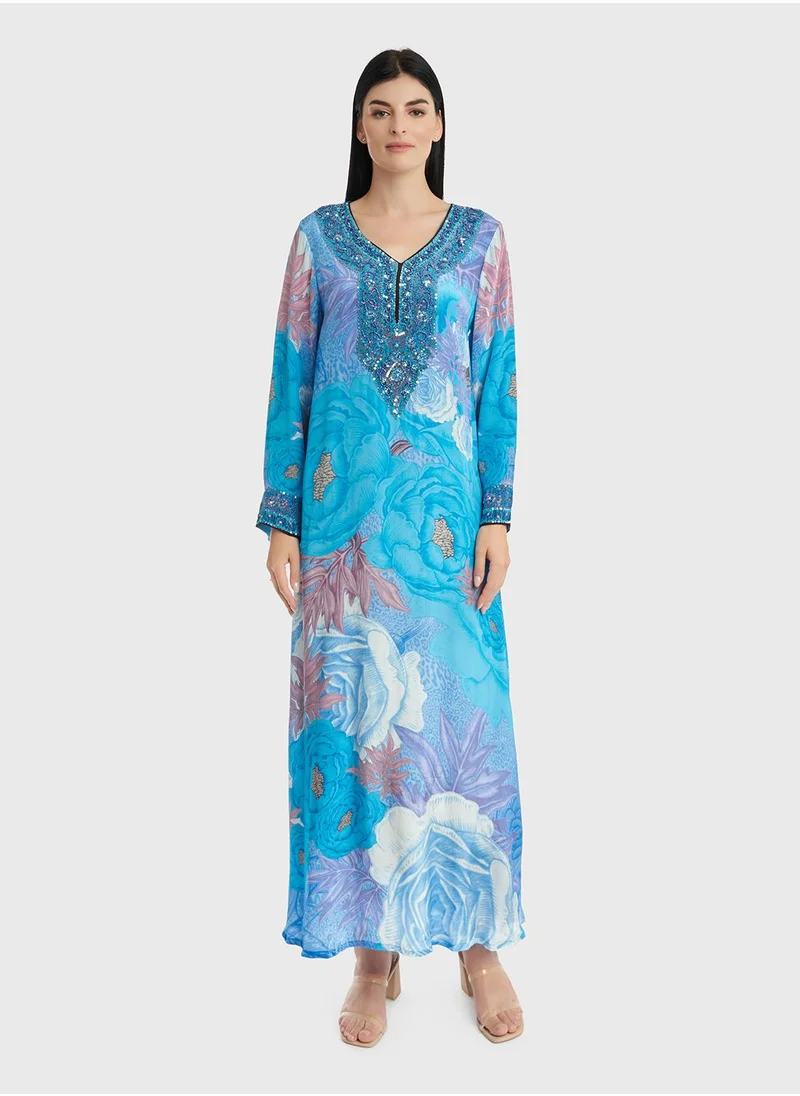 كشخة Viscose Floral Printed Sequins Work Jalabiya