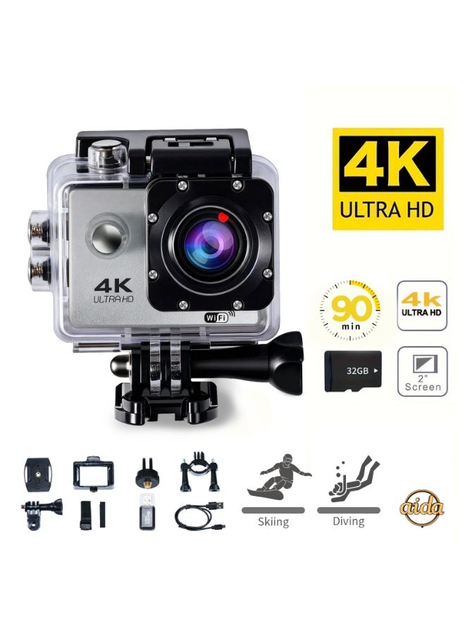 عام كاميرا خوذة، كاميرا مدمجة، كاميرا بانورامية 360 درجة، كاميرا حركة 4K، كاميرا حركة 1080P (مع غلاف مقاوم للماء)، كاميرا خارجية صغيرة ذكية عالية الدقة مقاومة للماء (فضية مع بطاقة ذاكرة 32 جيجابايت). - Image 1