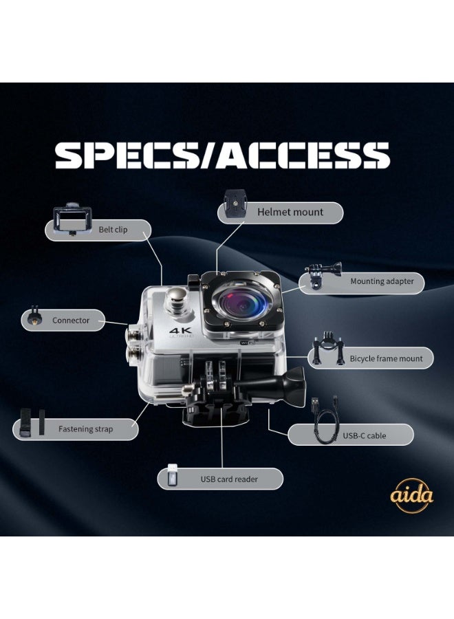 عام كاميرا خوذة، كاميرا مدمجة، كاميرا بانورامية 360 درجة، كاميرا حركة 4K، كاميرا حركة 1080P (مع غلاف مقاوم للماء)، كاميرا خارجية صغيرة ذكية عالية الدقة مقاومة للماء (فضية مع بطاقة ذاكرة 32 جيجابايت). - Image 2