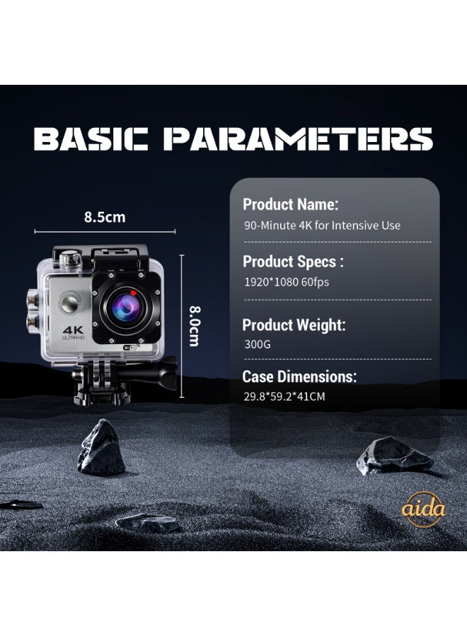 عام كاميرا خوذة، كاميرا مدمجة، كاميرا بانورامية 360 درجة، كاميرا حركة 4K، كاميرا حركة 1080P (مع غلاف مقاوم للماء)، كاميرا خارجية صغيرة ذكية عالية الدقة مقاومة للماء (فضية مع بطاقة ذاكرة 32 جيجابايت). - Image 3