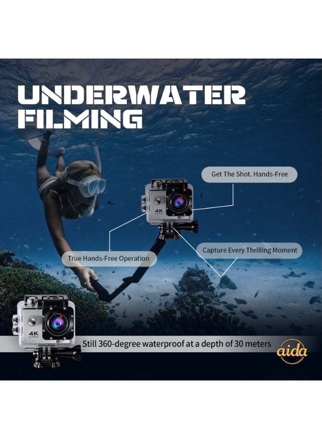 عام كاميرا خوذة، كاميرا مدمجة، كاميرا بانورامية 360 درجة، كاميرا حركة 4K، كاميرا حركة 1080P (مع غلاف مقاوم للماء)، كاميرا خارجية صغيرة ذكية عالية الدقة مقاومة للماء (فضية مع بطاقة ذاكرة 32 جيجابايت). - Image 4