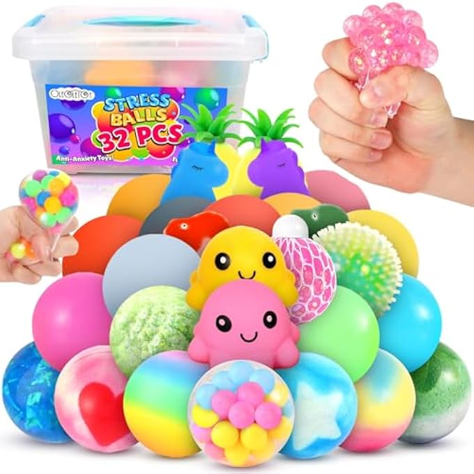 OLEOLETOY Stress Balls Squishy Fidget Toys: 32 Pack Stress Balls for Adults, Squishy Ball Sensory Toys with Autism, Travel Toys Road Trip Activities, Classroom Prizes, Party Favors and Goodie Bag Stuffers - Image 1