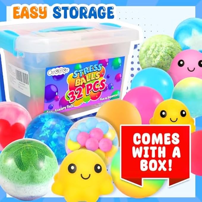 OLEOLETOY Stress Balls Squishy Fidget Toys: 32 Pack Stress Balls for Adults, Squishy Ball Sensory Toys with Autism, Travel Toys Road Trip Activities, Classroom Prizes, Party Favors and Goodie Bag Stuffers - Image 5