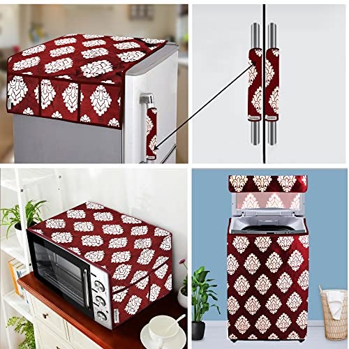 E-Retailer® Exclusive 3-Layered Polyester Combo Set of Appliances Cover (1 Pc. Fridge Top Cover, 2 Pc. Handle Cover, 1 Pc. of Microwave Oven Top Cover and 1 Pc. Top Load Washing Machine Cover) (Color-Maroon, Design-Printed, Set Contains-3 Pcs.) - Image 1