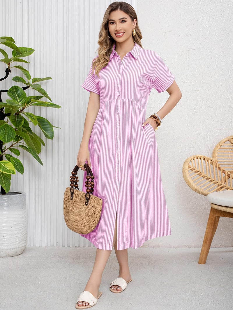 ebossy Women's Boho Striped Shirt Dress Button Up Side Slit Loose Mid Long Cotton Dress with Pockets (L, Pink) - Image 3