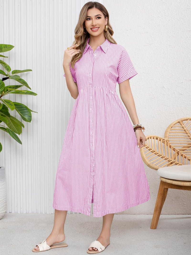ebossy Women's Boho Striped Shirt Dress Button Up Side Slit Loose Mid Long Cotton Dress with Pockets (L, Pink) - Image 2