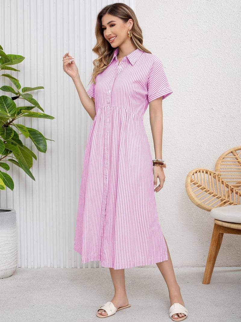 ebossy Women's Boho Striped Shirt Dress Button Up Side Slit Loose Mid Long Cotton Dress with Pockets (L, Pink) - Image 4