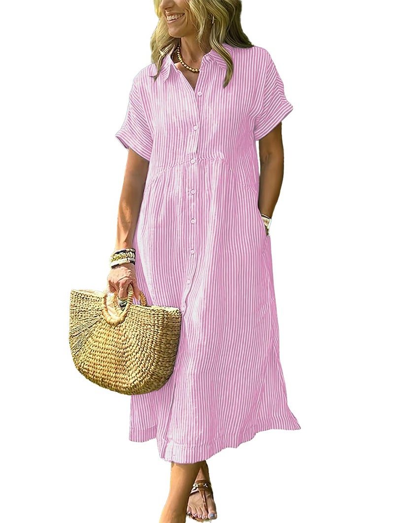 ebossy Women's Boho Striped Shirt Dress Button Up Side Slit Loose Mid Long Cotton Dress with Pockets (L, Pink) - Image 1