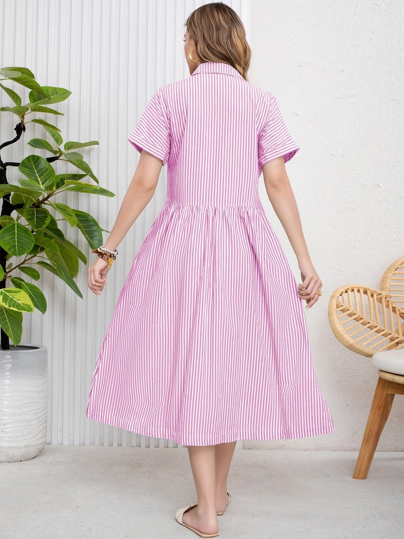 ebossy Women's Boho Striped Shirt Dress Button Up Side Slit Loose Mid Long Cotton Dress with Pockets (L, Pink) - Image 5