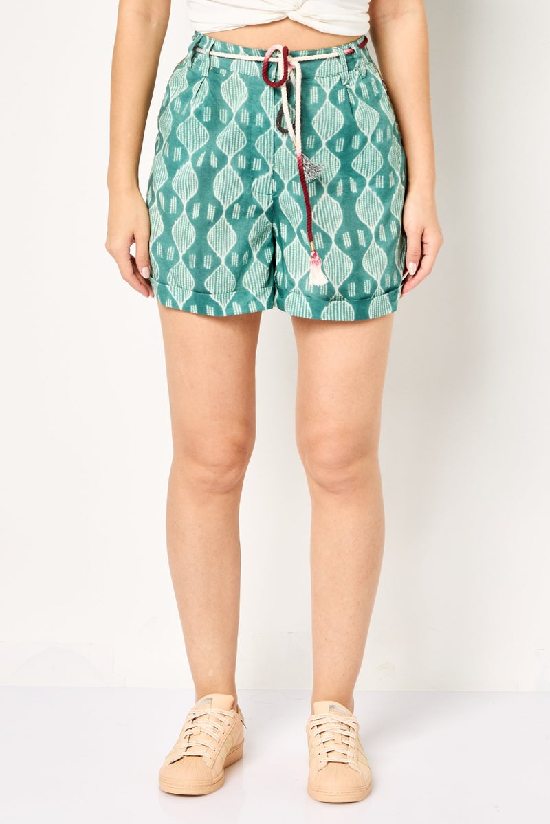 promod Women Allover Print Belted Basic Shorts, Multicolor - Image 1