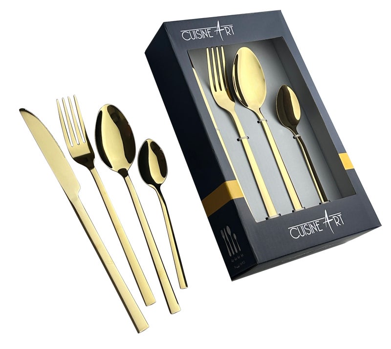 Cuisine Art طقم أدوات المائدة من كوزين آرت إزرا 16 قطعة من الفولاذ المقاوم للصدأ، ذهبي لامع - Image 4