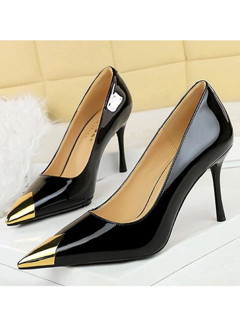 بيج تري المرأة أنيقة معدنية مغلقة أشارت إصبع القدم كعب عالية مضخات الحزب الأسود 8.5CM - Image 1