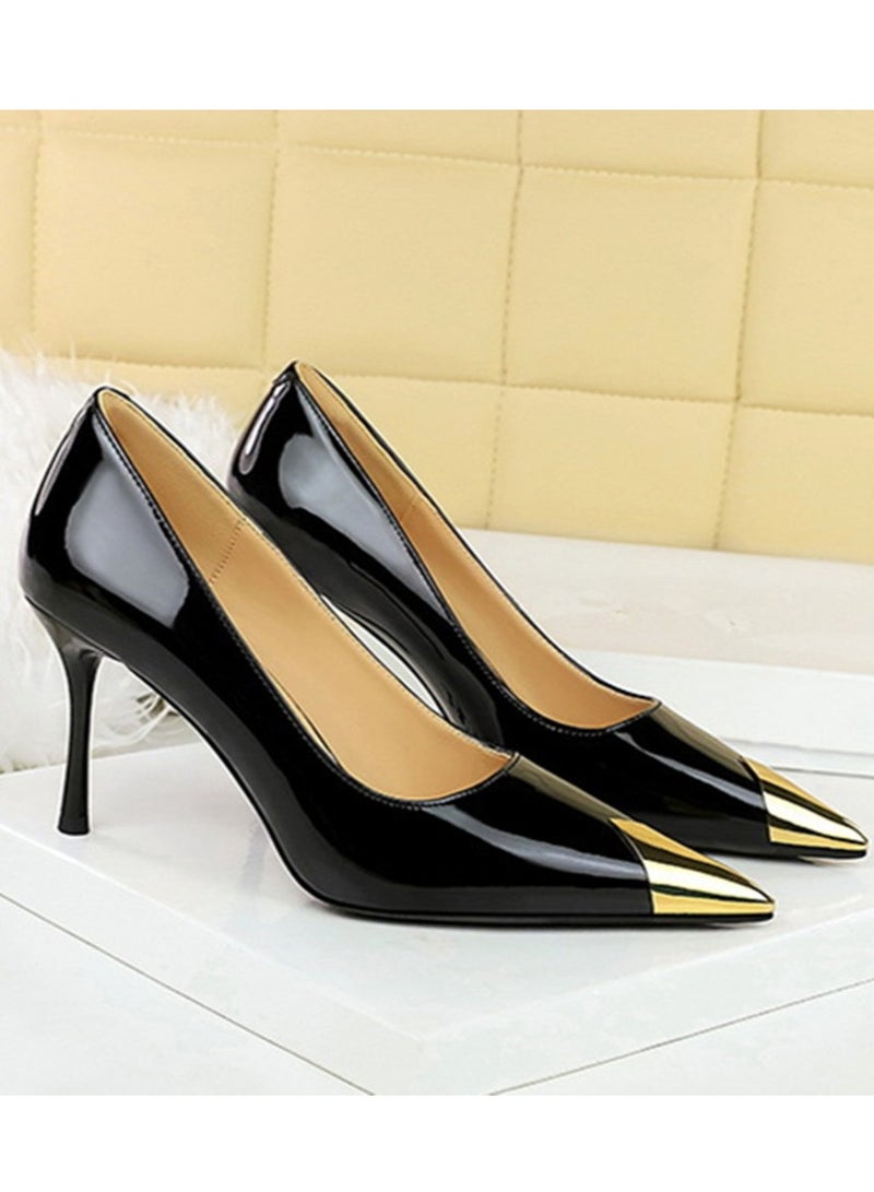 بيج تري المرأة أنيقة معدنية مغلقة أشارت إصبع القدم كعب عالية مضخات الحزب الأسود 8.5CM - Image 2