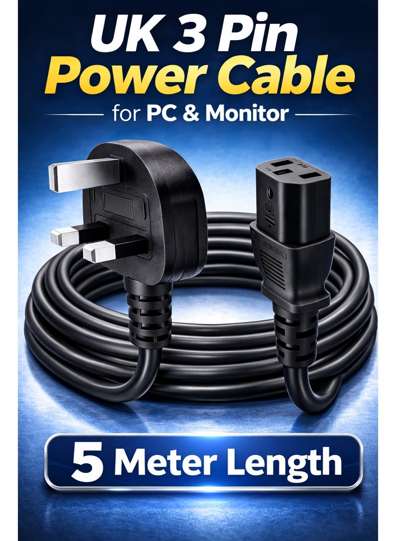 CABLE CONV UK 3 Pin Power Cable for PC & Monitor – 5 Meter Heavy Duty Power Cord | Compatible with Computer, Monitor, Printer & UPS - Image 1