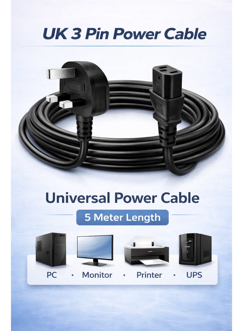 CABLE CONV UK 3 Pin Power Cable for PC & Monitor – 5 Meter Heavy Duty Power Cord | Compatible with Computer, Monitor, Printer & UPS - Image 2