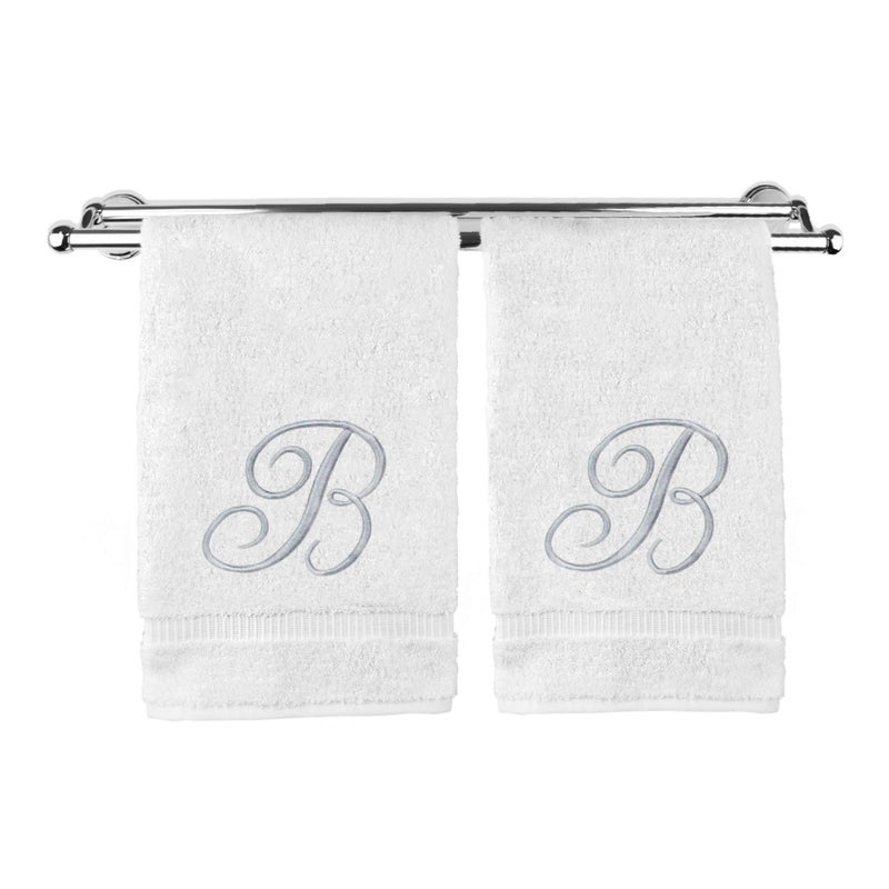 Monogrammed Hand Towel Personalized Gift 16 x 30 Inches Set of 2 Silver Embroidered Towel Extra Absorbent 100 Turkish Cotton Soft Terry Finish For Bathroom Kitchen and Spa Script B White