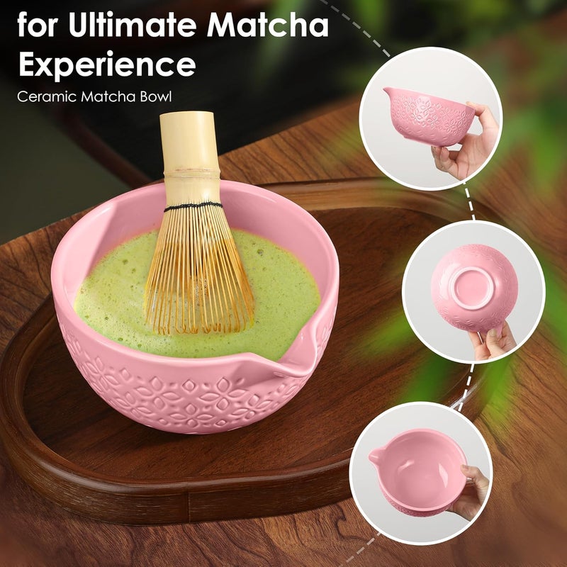 Beiyunee Matcha Whisk Set Matcha Kit - 7 Pcs Japanese Tea Set Includes Matcha Bowl with Spout,Bamboo Whisk with Ceramic Holder,Bamboo Scoop and Rest,Sifter,Tea Towel, for Ceremony Matcha Lovers Gift,Pink - Image 3