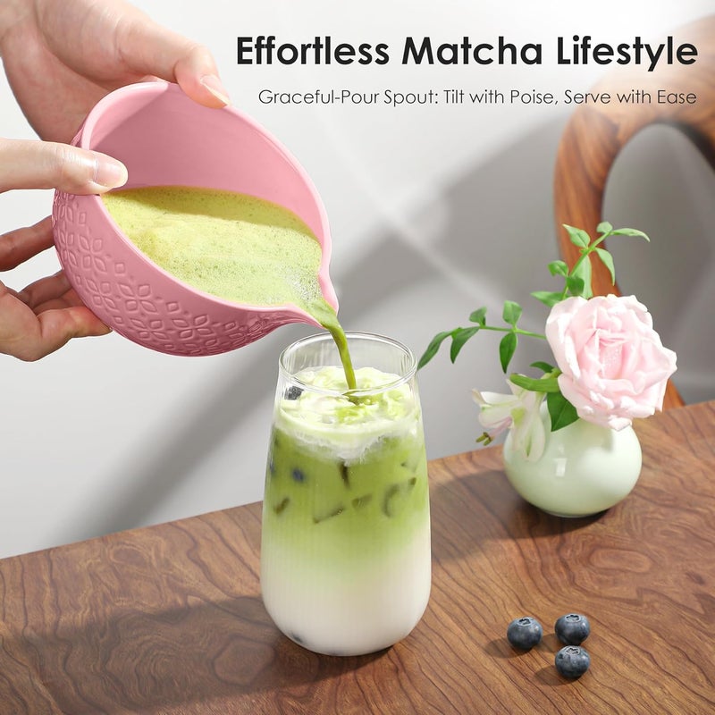 Beiyunee Matcha Whisk Set Matcha Kit - 7 Pcs Japanese Tea Set Includes Matcha Bowl with Spout,Bamboo Whisk with Ceramic Holder,Bamboo Scoop and Rest,Sifter,Tea Towel, for Ceremony Matcha Lovers Gift,Pink - Image 2