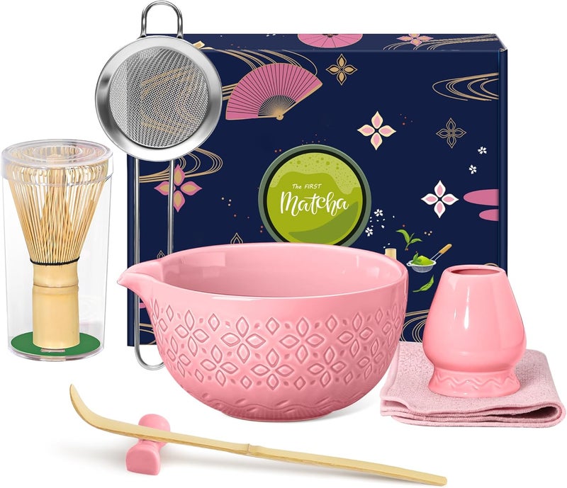 Beiyunee Matcha Whisk Set Matcha Kit - 7 Pcs Japanese Tea Set Includes Matcha Bowl with Spout,Bamboo Whisk with Ceramic Holder,Bamboo Scoop and Rest,Sifter,Tea Towel, for Ceremony Matcha Lovers Gift,Pink - Image 1