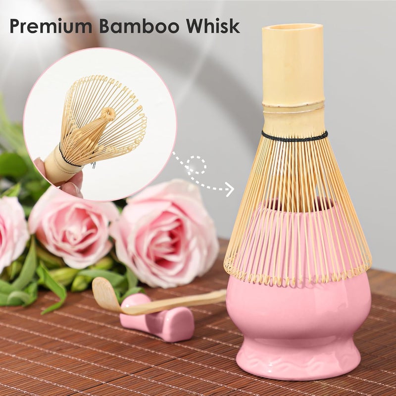 Beiyunee Matcha Whisk Set Matcha Kit - 7 Pcs Japanese Tea Set Includes Matcha Bowl with Spout,Bamboo Whisk with Ceramic Holder,Bamboo Scoop and Rest,Sifter,Tea Towel, for Ceremony Matcha Lovers Gift,Pink - Image 4