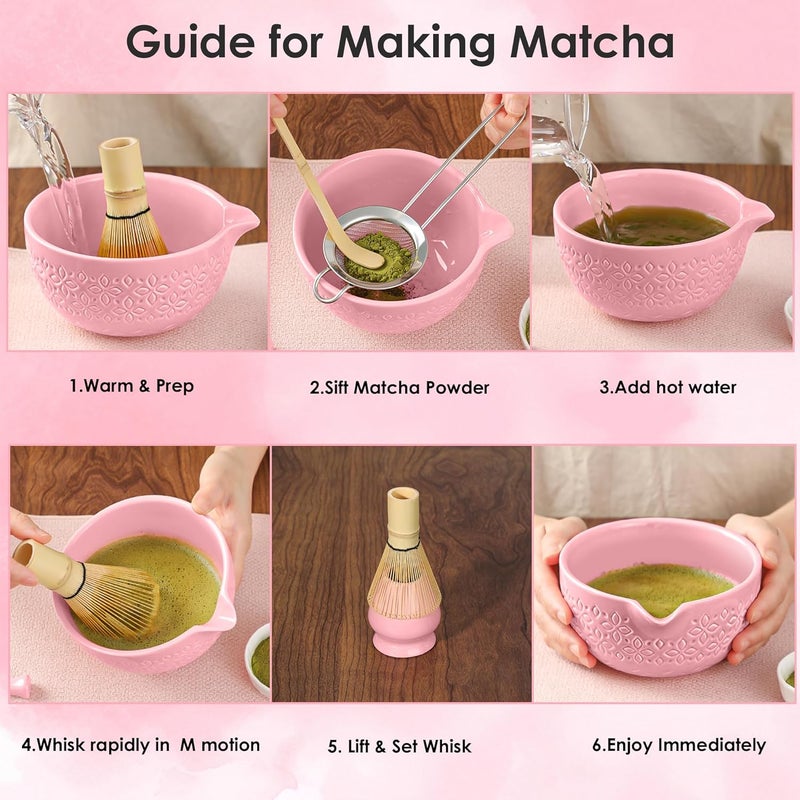 Beiyunee Matcha Whisk Set Matcha Kit - 7 Pcs Japanese Tea Set Includes Matcha Bowl with Spout,Bamboo Whisk with Ceramic Holder,Bamboo Scoop and Rest,Sifter,Tea Towel, for Ceremony Matcha Lovers Gift,Pink - Image 5