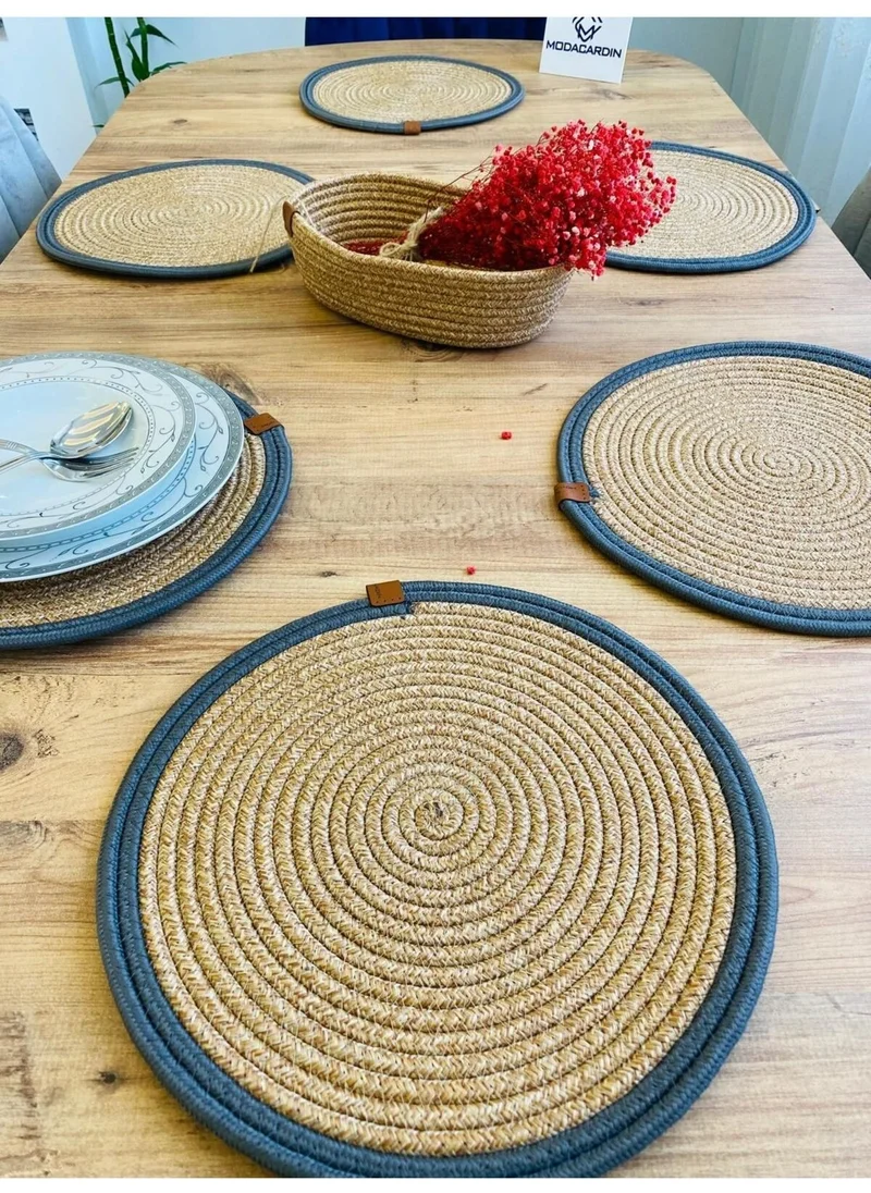 BDZ Deri BDZ Leather Jute Wicker American Service Plate and Basket 7 Pieces