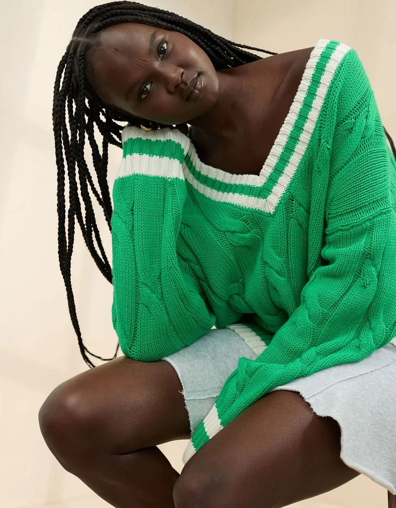 Aerie Aerie Cropped Cable V-Neck Sweater