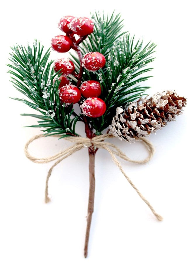 OLYPHAN Red Berry Stems Pine Branches Evergreen Christmas Berries Décor 8 PCS Artificial Pine Cones Branch Craft Wreath Pick & Winter Holiday Floral Picks Holly Stem for Decoration DIY Xmas Garland Crafts - Image 2