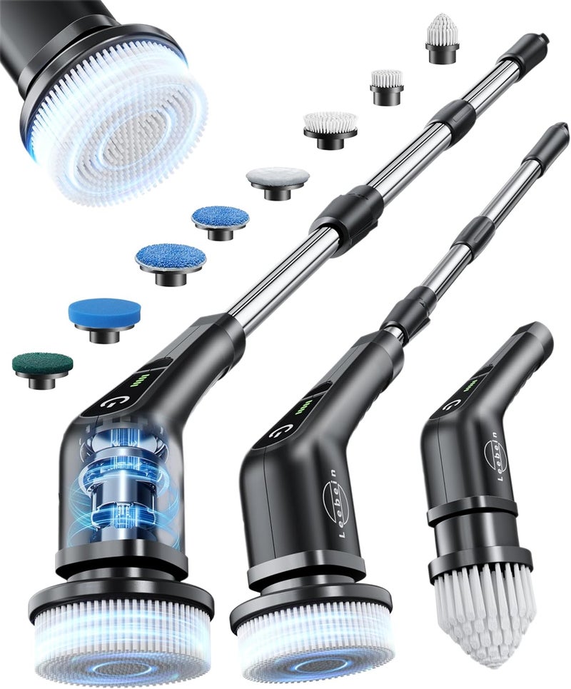 Leebein Electric Spin Scrubber, 2026 New Cordless Cleaning Brush Bathroom Scrubber, IPX7 Waterproof Shower Scrubber with 7 Brush Heads, Extendable Long Handle and 2 Speeds Scrubber for Bathtub Floor - Image 1