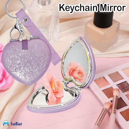 FunBlast Heart Shape Makeup Mirror for Women, Aesthetic Mini Mirrors, Portable Folding Double Sided Compact Mirror with 1X & 2X Magnification, Keychain Mirrors (Purple) - Image 2