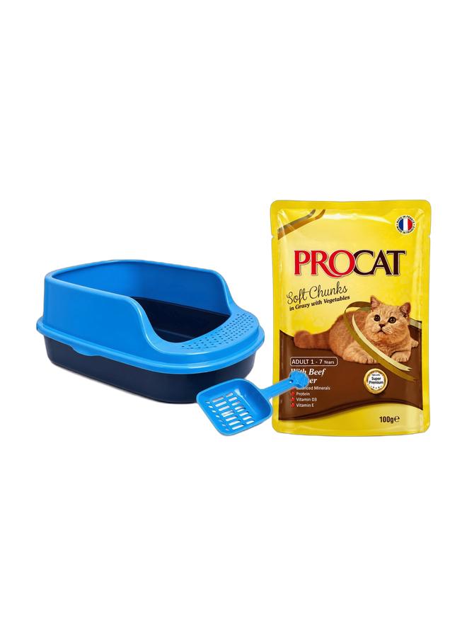 Premium Cat Litter Box with Scoop & PROCAT Soft Chunks in Gravy with Beef & Liver – Wet Cat Food Bundle - Image 1