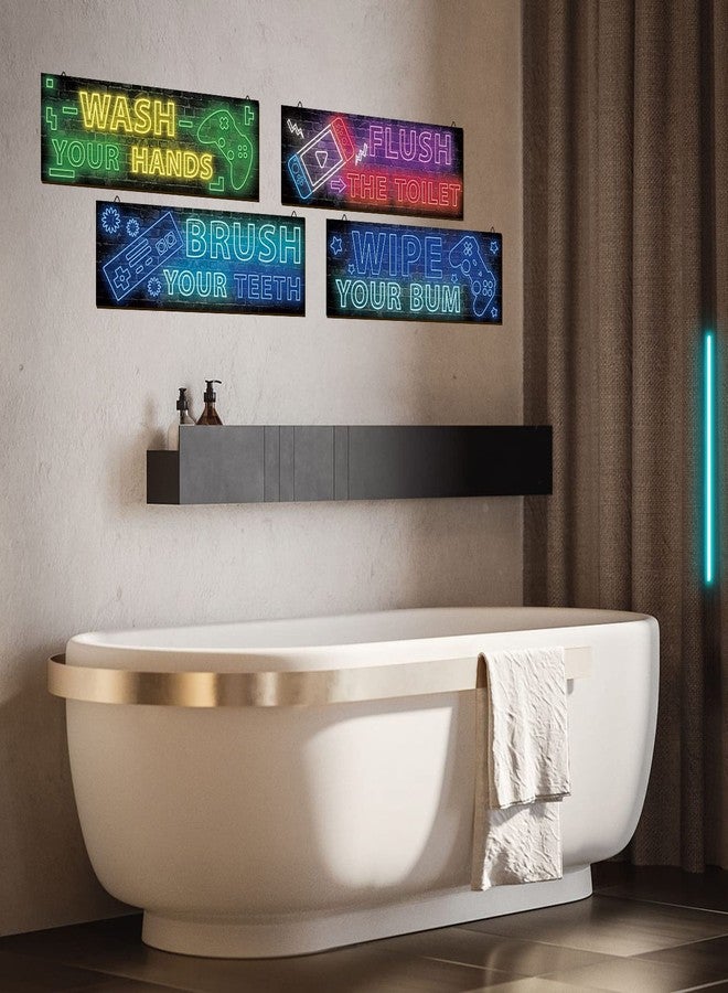 YLOLUL 4 Pcs Boy Bathroom Decor Neon Gaming Decor Teen Bathroom Decor Bathroom Gaming Wall Art Room Accessories for Teen Boys Kids Bathroom Decor for Teen Boy Bathroom Bedroom Playroom - Image 3