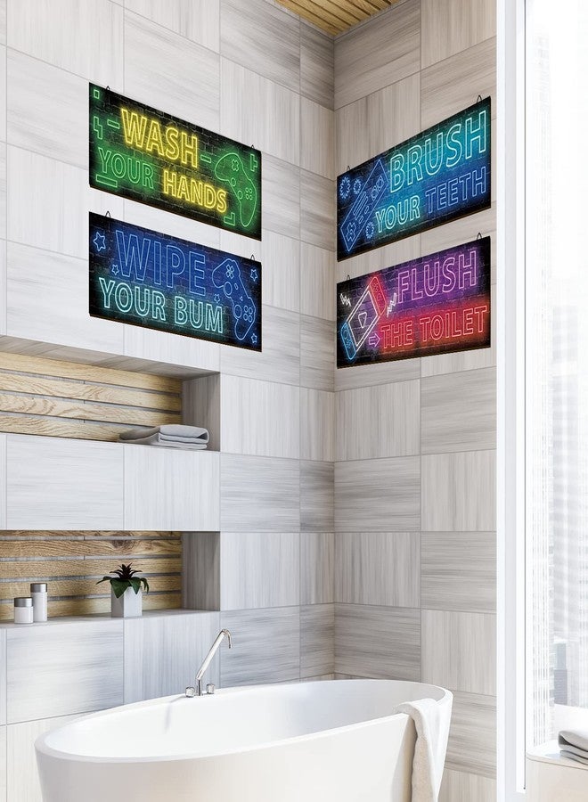 YLOLUL 4 Pcs Boy Bathroom Decor Neon Gaming Decor Teen Bathroom Decor Bathroom Gaming Wall Art Room Accessories for Teen Boys Kids Bathroom Decor for Teen Boy Bathroom Bedroom Playroom - Image 4