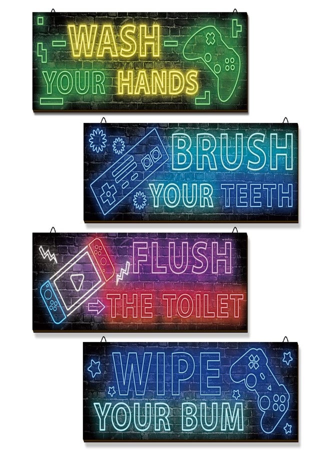 YLOLUL 4 Pcs Boy Bathroom Decor Neon Gaming Decor Teen Bathroom Decor Bathroom Gaming Wall Art Room Accessories for Teen Boys Kids Bathroom Decor for Teen Boy Bathroom Bedroom Playroom - Image 1