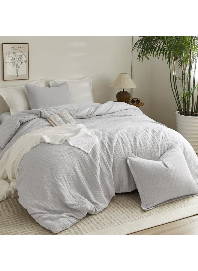 PHF PHF Cotton Muslin Comforter Set King Size, Breathable Lightweight Super Soft Bedding Sets for All Season,3 Pieces, 1 Comfy Comforter (104"x90"),2 Pillow Shams(20"x36"), Light Grey  - Image 1