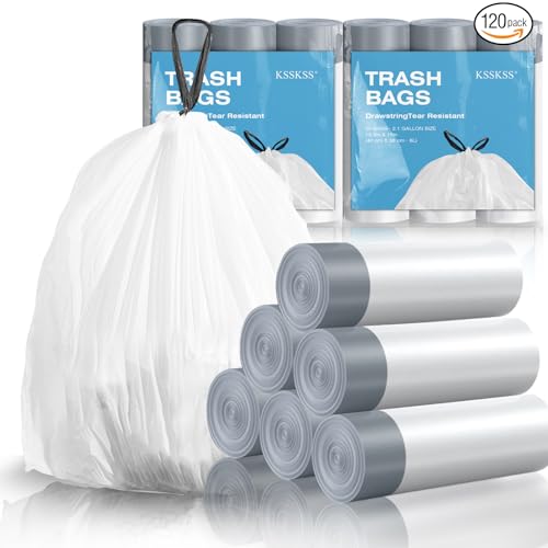 KSSKSS 120 Counts 1.6 Gallon Mini Drawstring Trash Bags, Small Garbage Bags by KSSKSS, Code a fit 4.5-8 Liter, 1.2-2 Gal, White Trash Bin Liners for Home Office Kitchen Bathroom Bedroom - Image 1