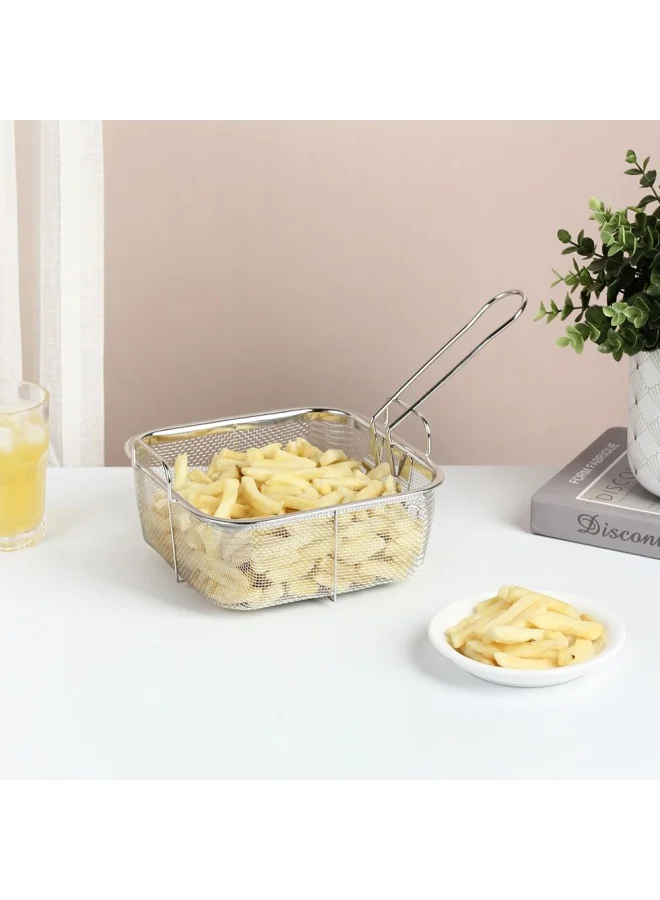 DANUBE HOME Jake Stainless Steel Deep Fry Basket Square Fry Basket Steel French Fry Chip Basket Food Baskets for Serving Stainless Steel Fry Basket with Handle Reusable 20 x 20 x 11 Hcm